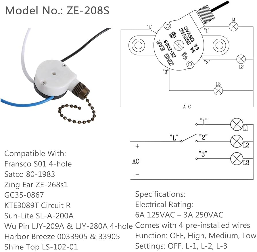 Zing Ear ZE-208S E89885 Ceiling Fan Switch 2PCS - 3 Speed 4 Wire